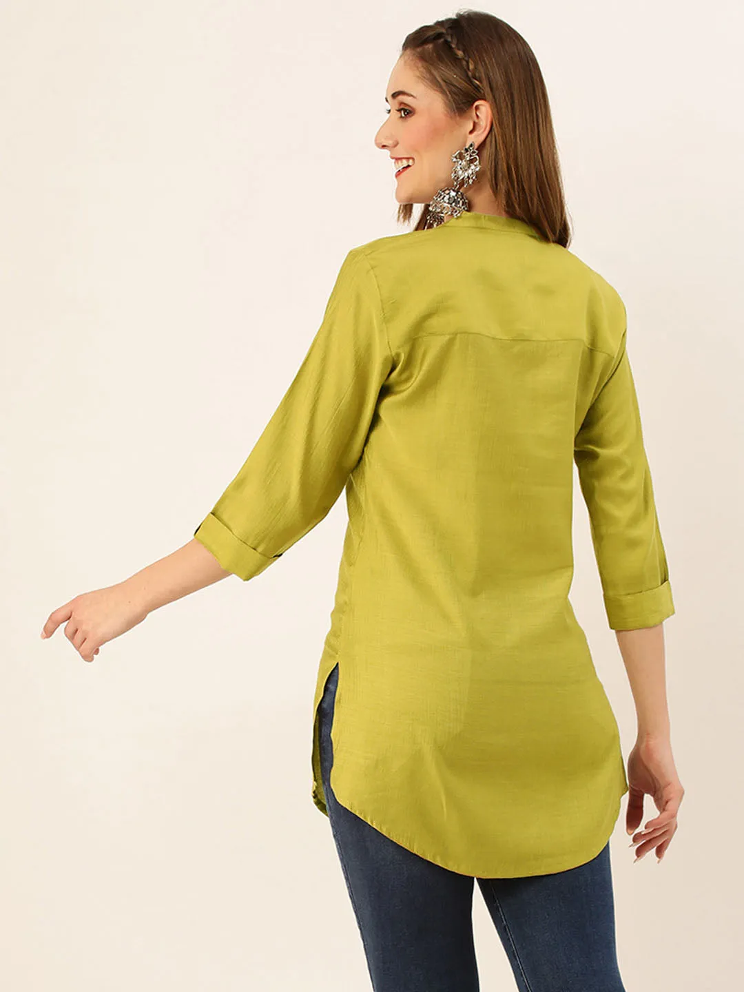 Exclusive Mandarin Collar Rayon Solid Mustard Straight Tunic For Women ZOLA