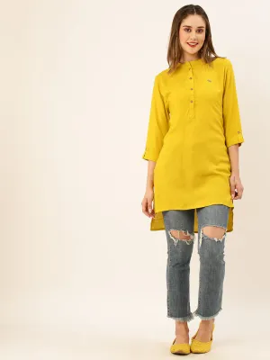 Exclusive Mandarin Collar Rayon Solid Mustard Straight Tunic For Women ZOLA