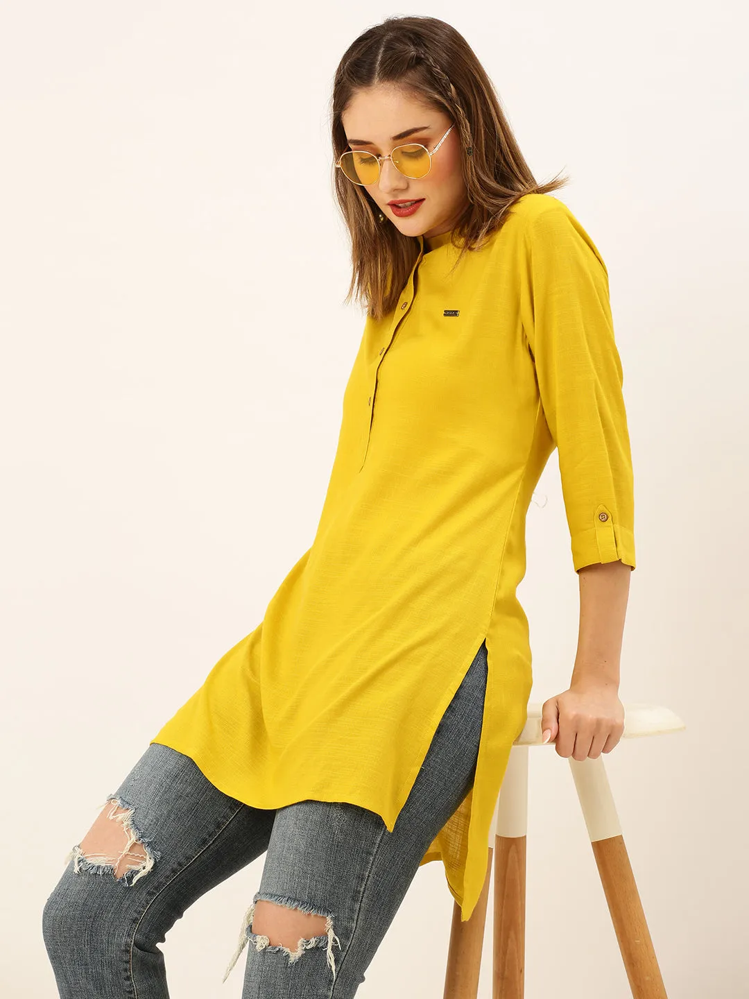 Exclusive Mandarin Collar Rayon Solid Mustard Straight Tunic For Women ZOLA