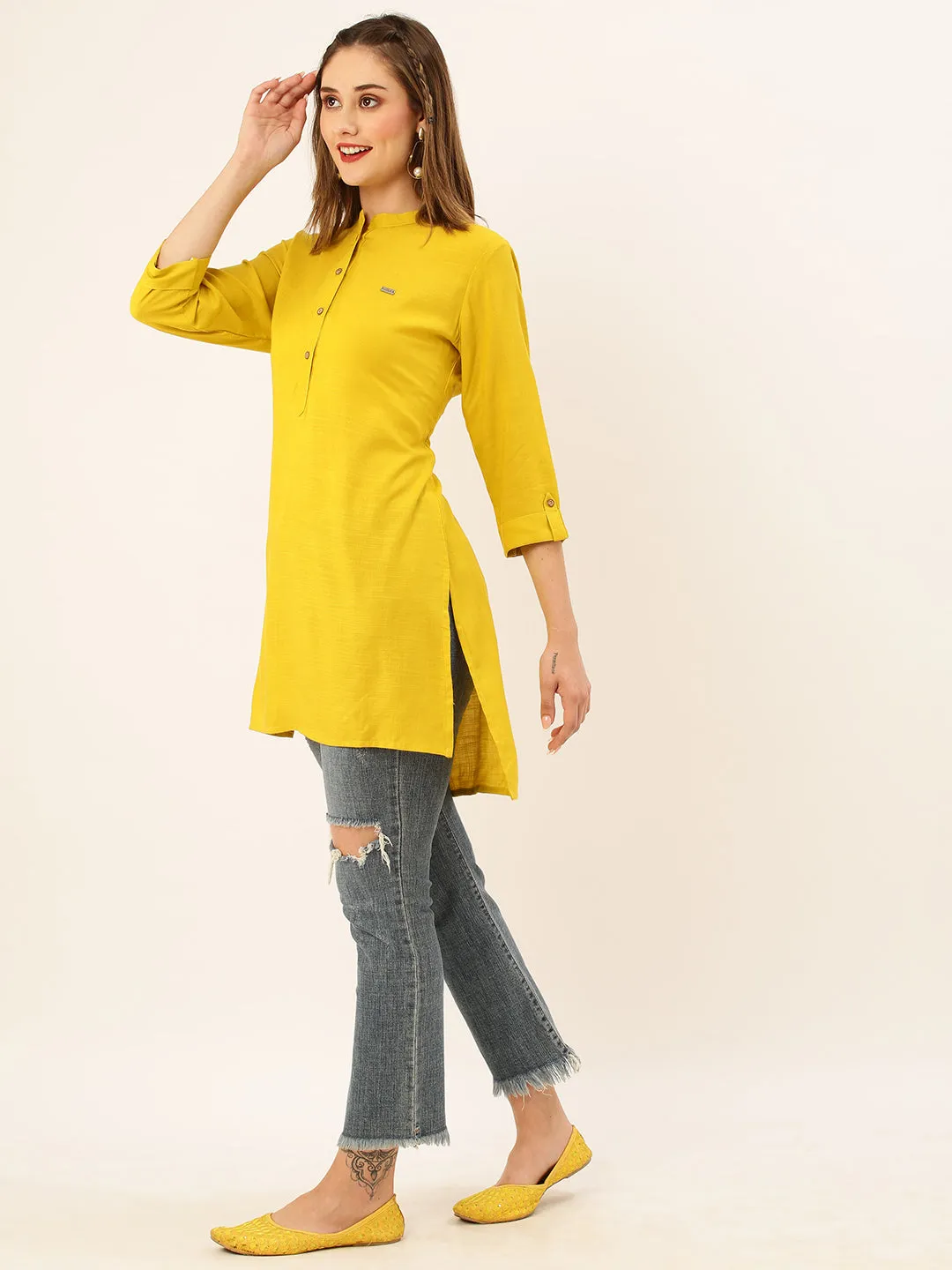 Exclusive Mandarin Collar Rayon Solid Mustard Straight Tunic For Women ZOLA