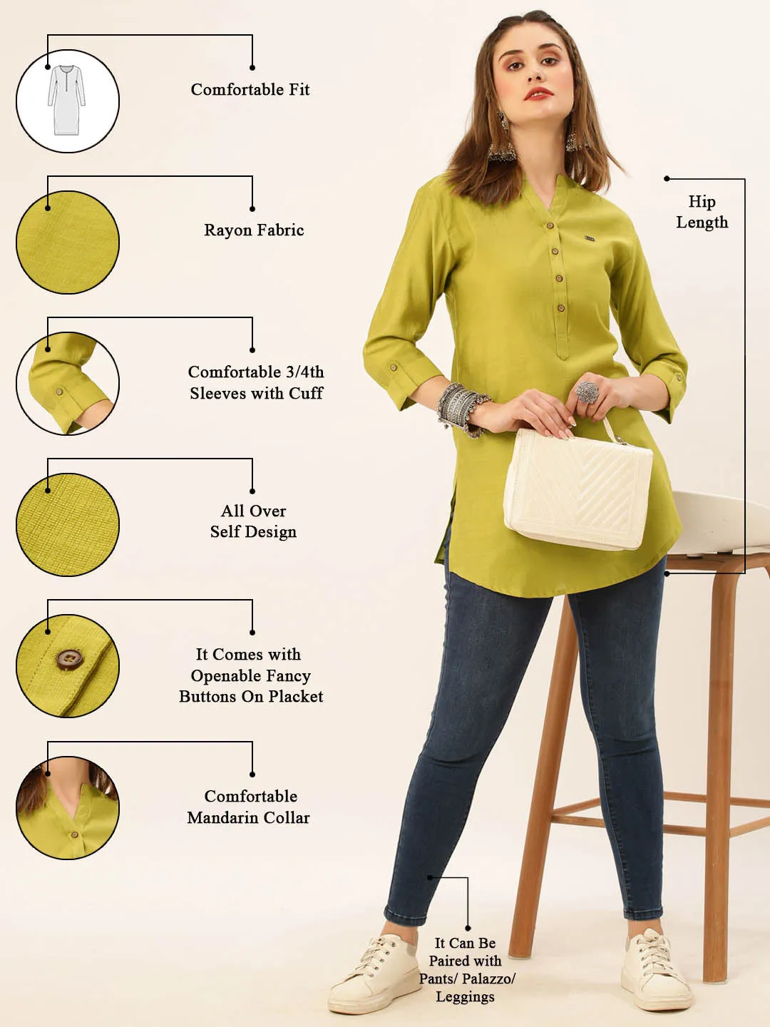 Exclusive Mandarin Collar Rayon Solid Mustard Straight Tunic For Women ZOLA