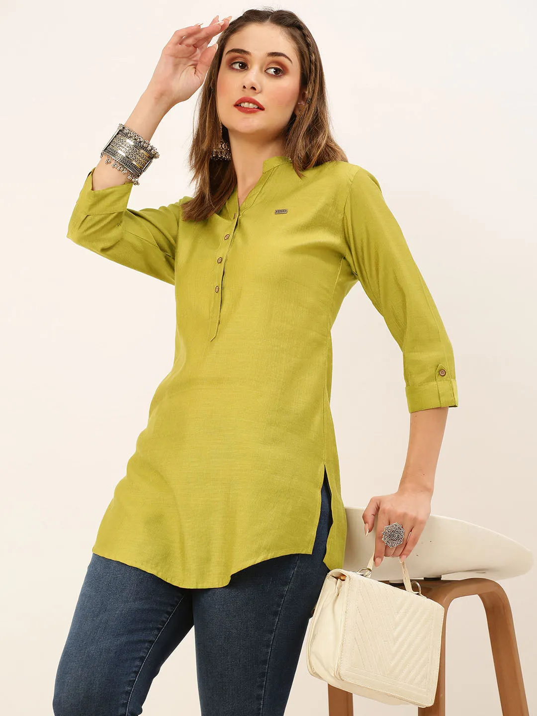 Exclusive Mandarin Collar Rayon Solid Mustard Straight Tunic For Women ZOLA