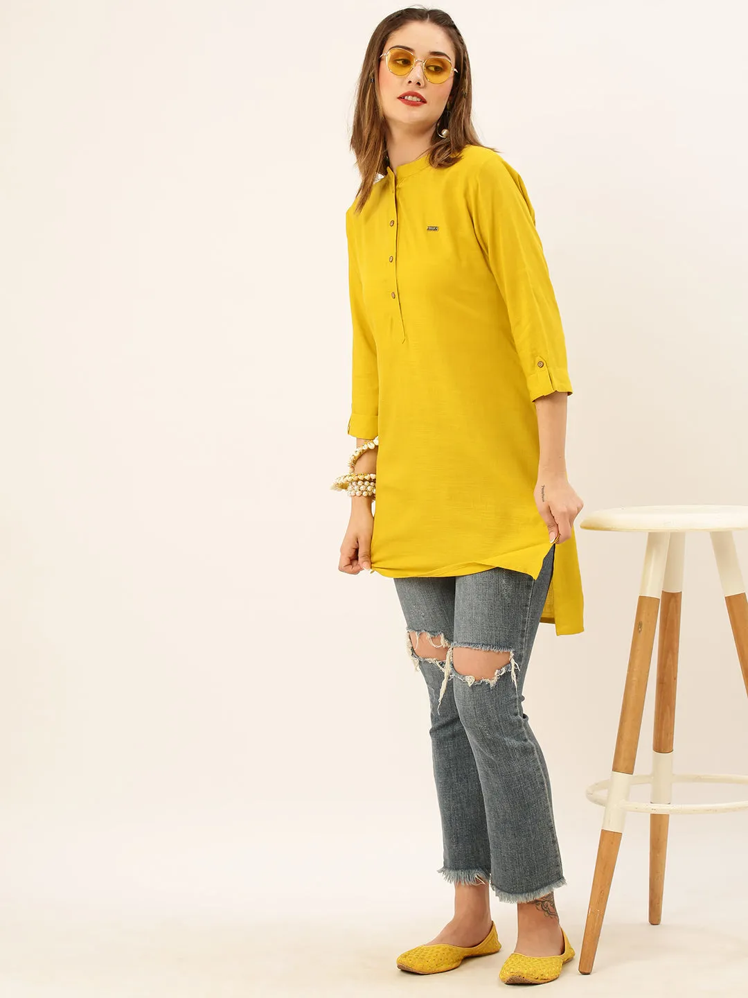 Exclusive Mandarin Collar Rayon Solid Mustard Straight Tunic For Women ZOLA
