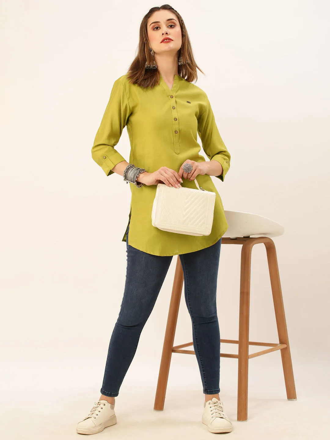 Exclusive Mandarin Collar Rayon Solid Mustard Straight Tunic For Women ZOLA