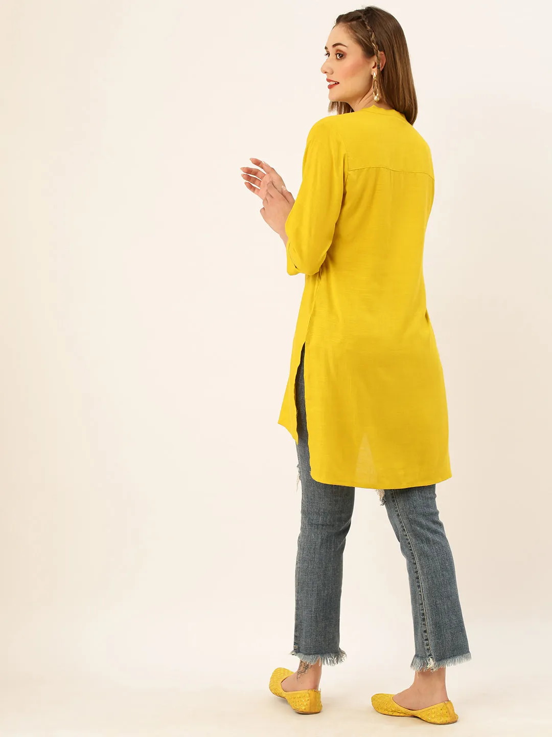 Exclusive Mandarin Collar Rayon Solid Mustard Straight Tunic For Women ZOLA