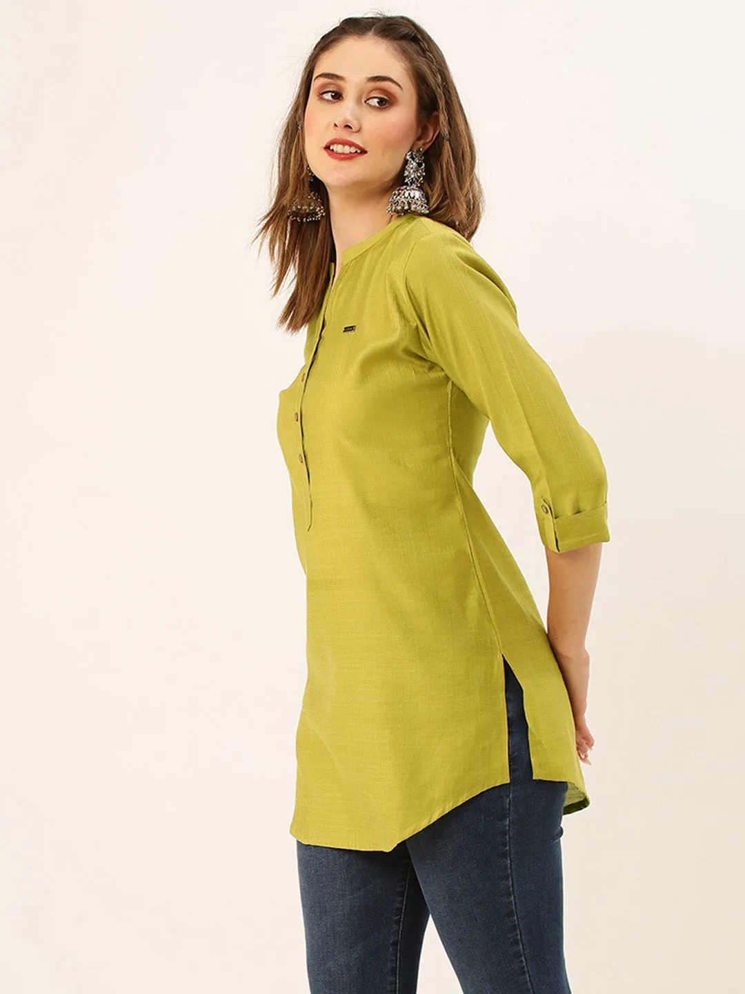 Exclusive Mandarin Collar Rayon Solid Mustard Straight Tunic For Women ZOLA