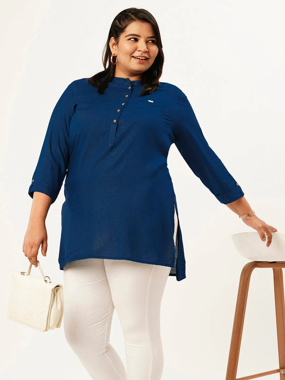 Exclusive Mandarin Collar Rayon Solid Teal Straight Tunic For Women ZOLA