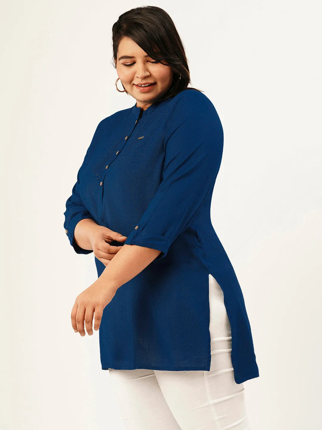 Exclusive Mandarin Collar Rayon Solid Teal Straight Tunic For Women ZOLA