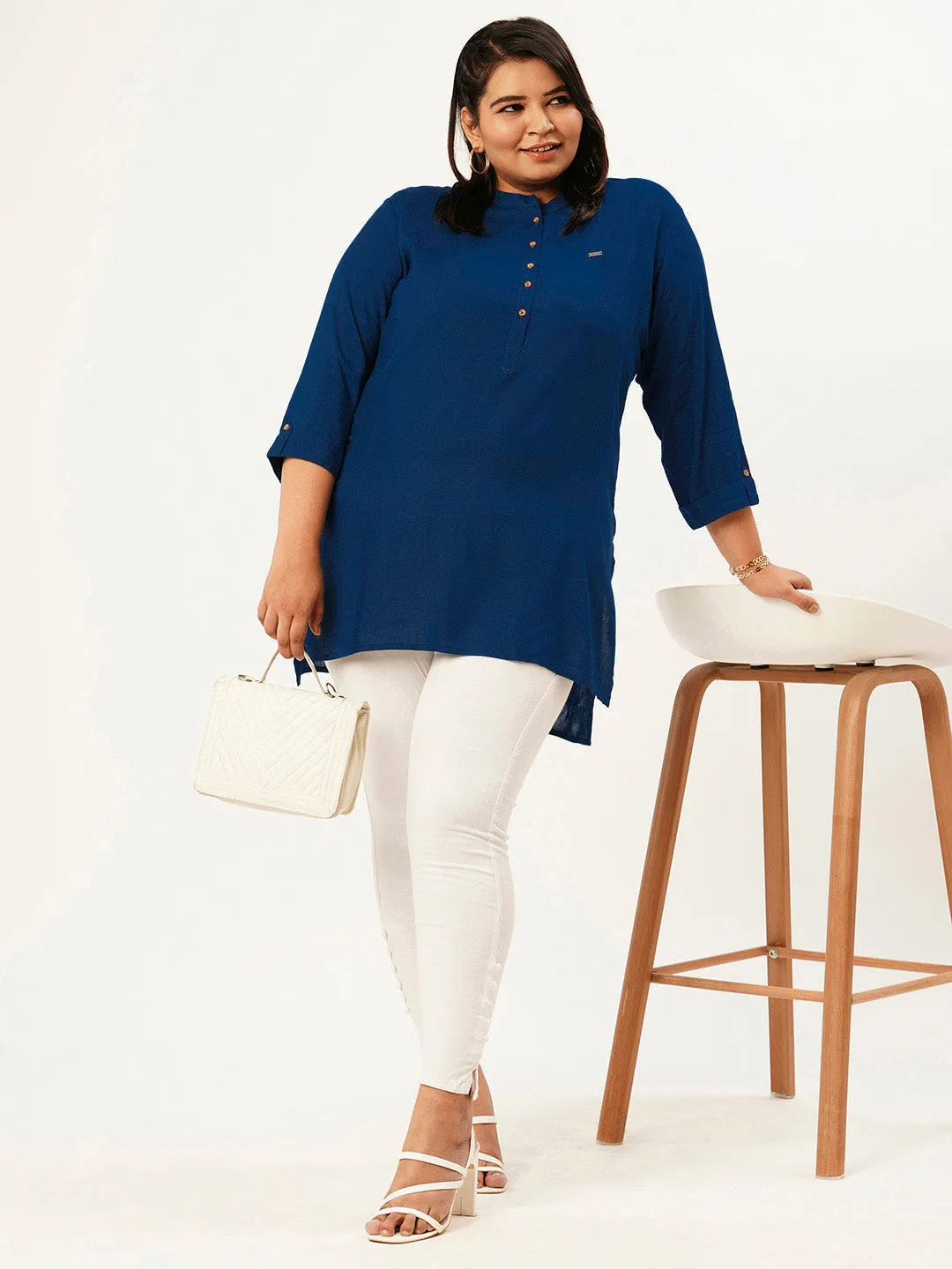 Exclusive Mandarin Collar Rayon Solid Teal Straight Tunic For Women ZOLA