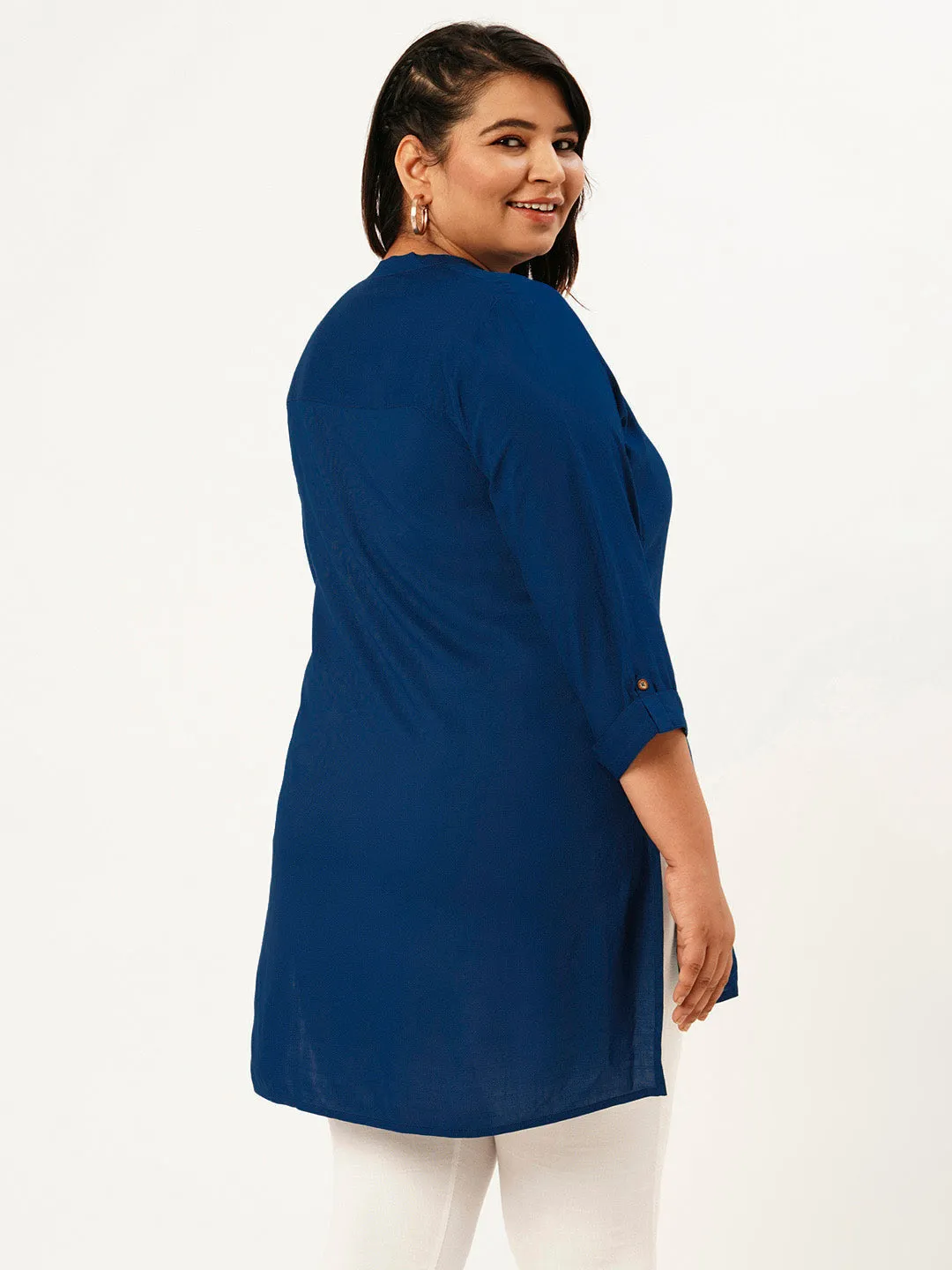 Exclusive Mandarin Collar Rayon Solid Teal Straight Tunic For Women ZOLA