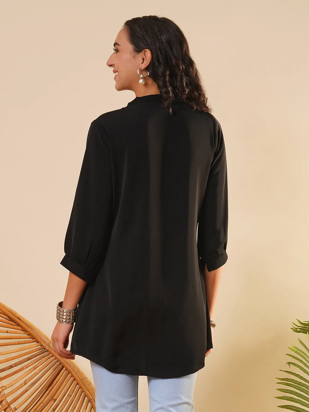 Exclusive V Neckline Rayon Solid Black  Straight Tunic For Women ZOLA
