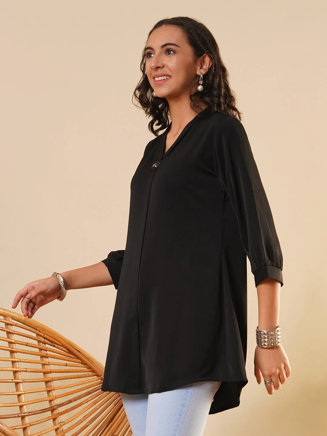 Exclusive V Neckline Rayon Solid Black  Straight Tunic For Women ZOLA