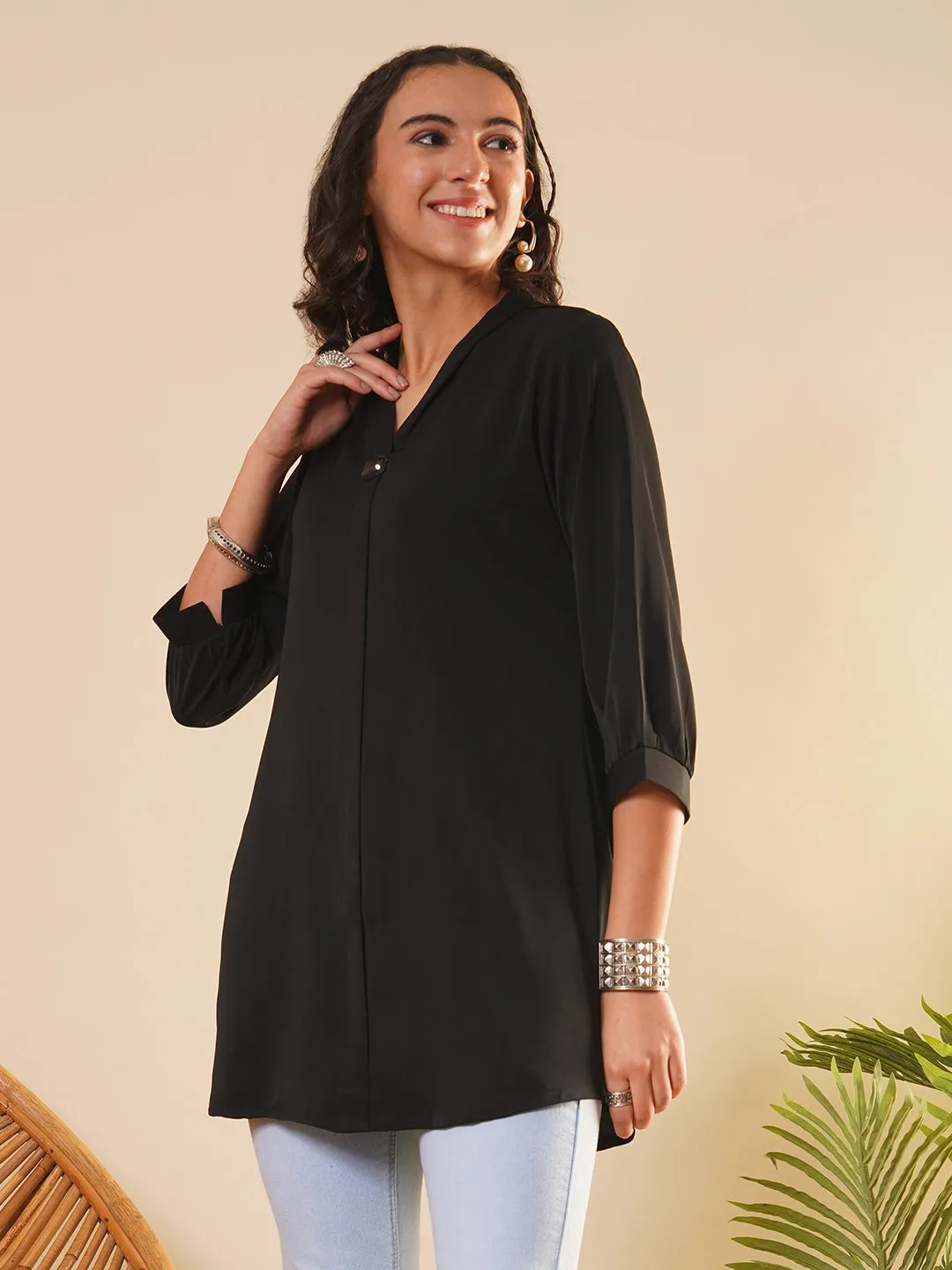 Exclusive V Neckline Rayon Solid Black  Straight Tunic For Women ZOLA