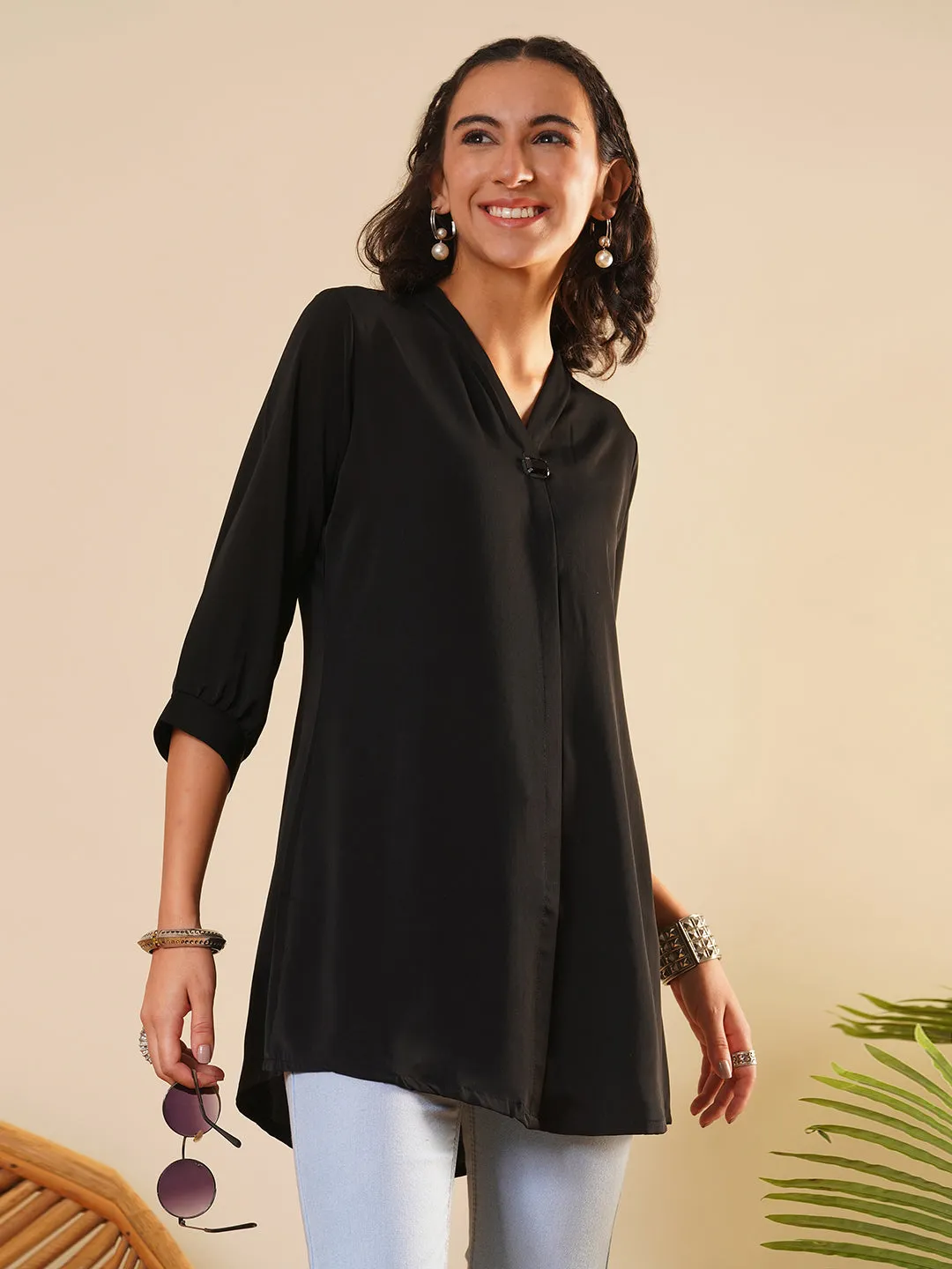 Exclusive V Neckline Rayon Solid Black  Straight Tunic For Women ZOLA