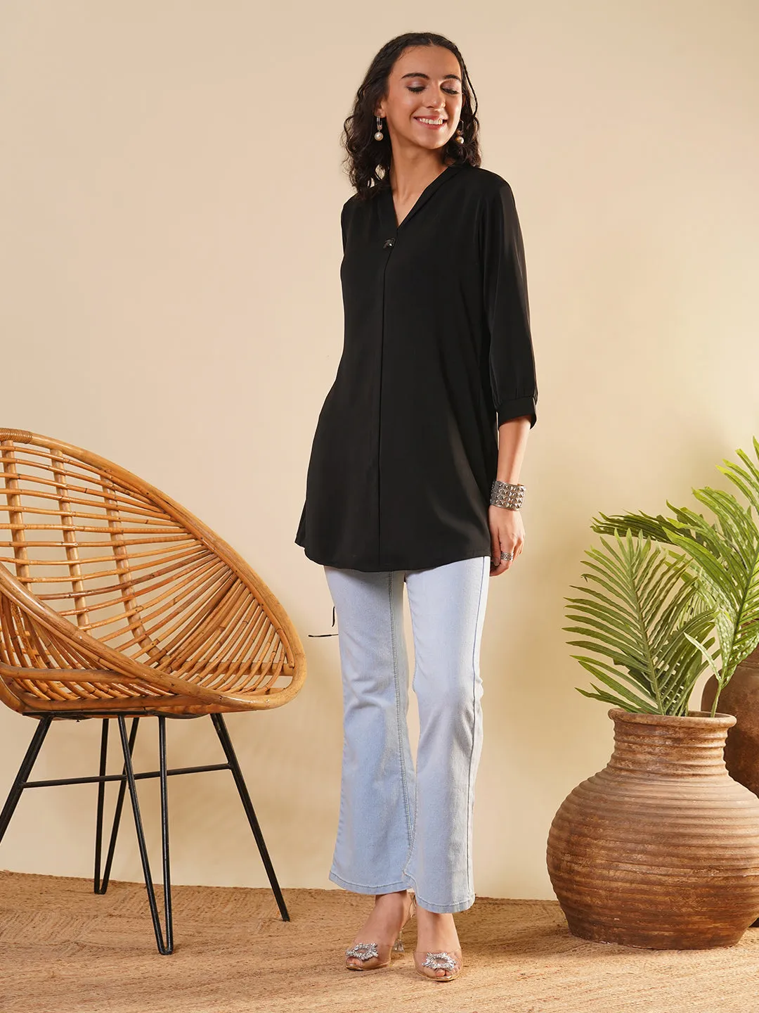 Exclusive V Neckline Rayon Solid Black  Straight Tunic For Women ZOLA