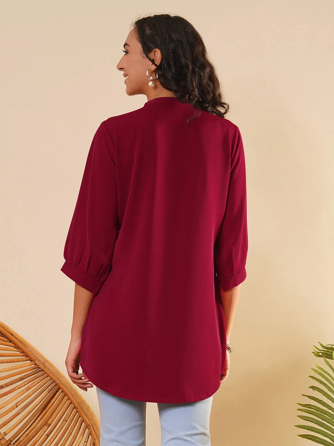 Exclusive V Neckline Rayon Solid Maroon  Straight Tunic For Women ZOLA
