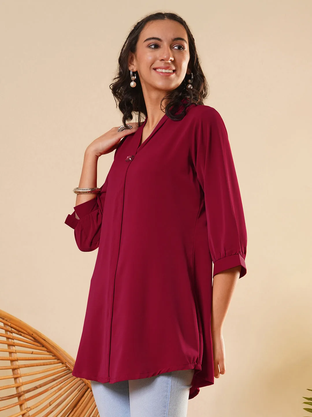 Exclusive V Neckline Rayon Solid Maroon  Straight Tunic For Women ZOLA
