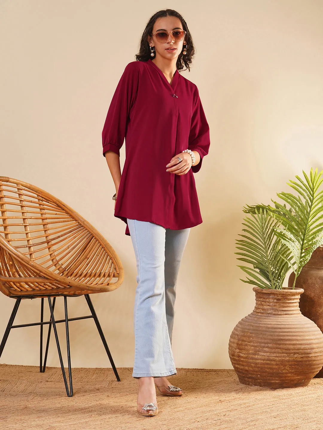 Exclusive V Neckline Rayon Solid Maroon  Straight Tunic For Women ZOLA