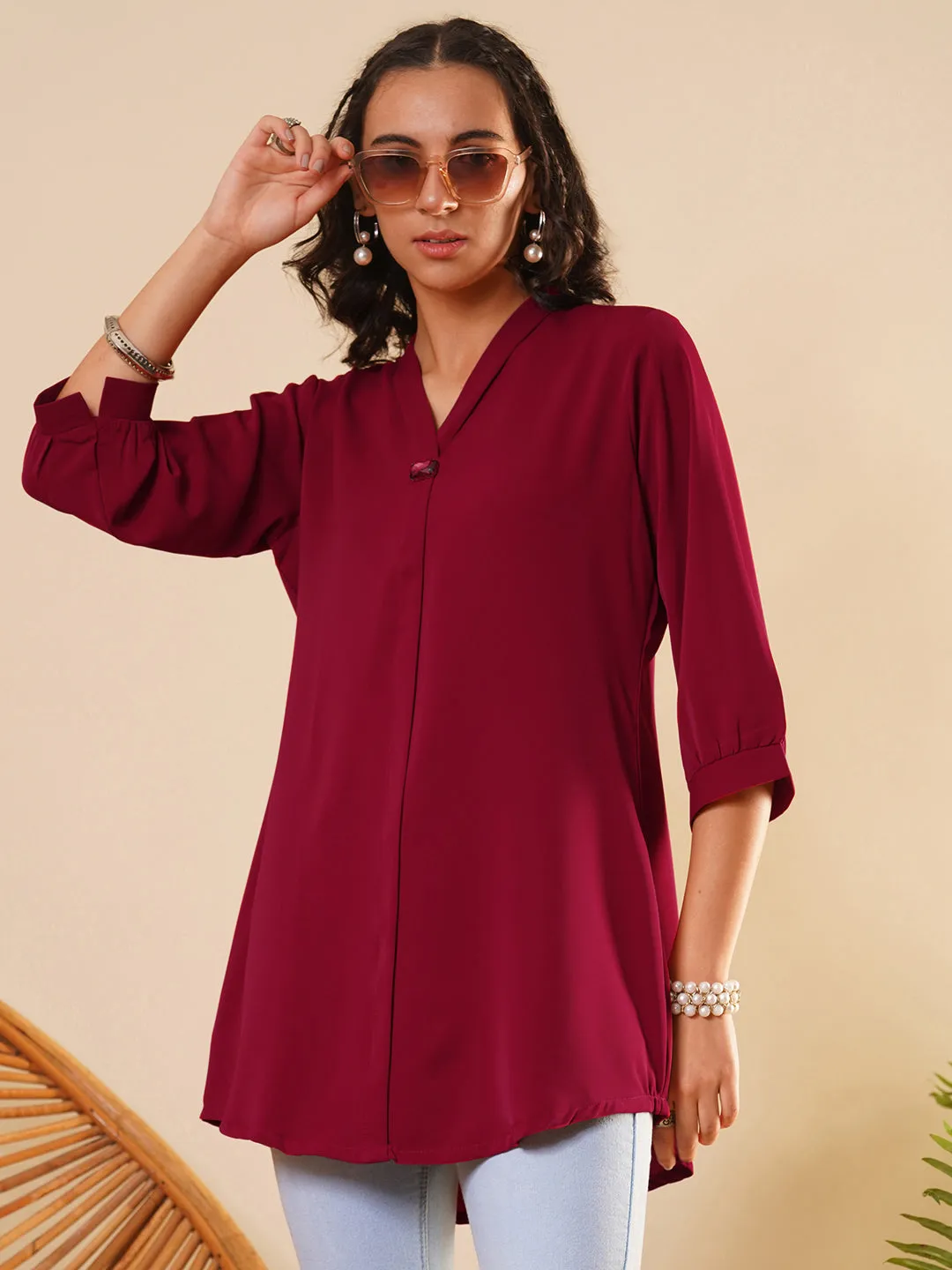 Exclusive V Neckline Rayon Solid Maroon  Straight Tunic For Women ZOLA