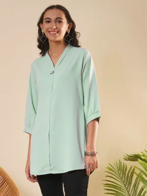 Exclusive V Neckline Rayon Solid Sea Green  Straight Tunic For Women ZOLA