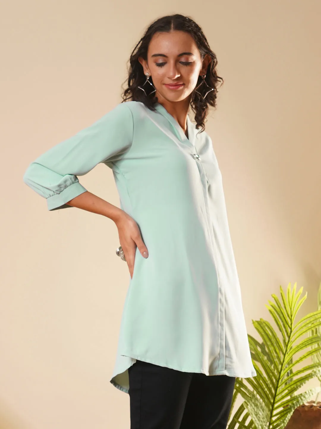Exclusive V Neckline Rayon Solid Sea Green  Straight Tunic For Women ZOLA