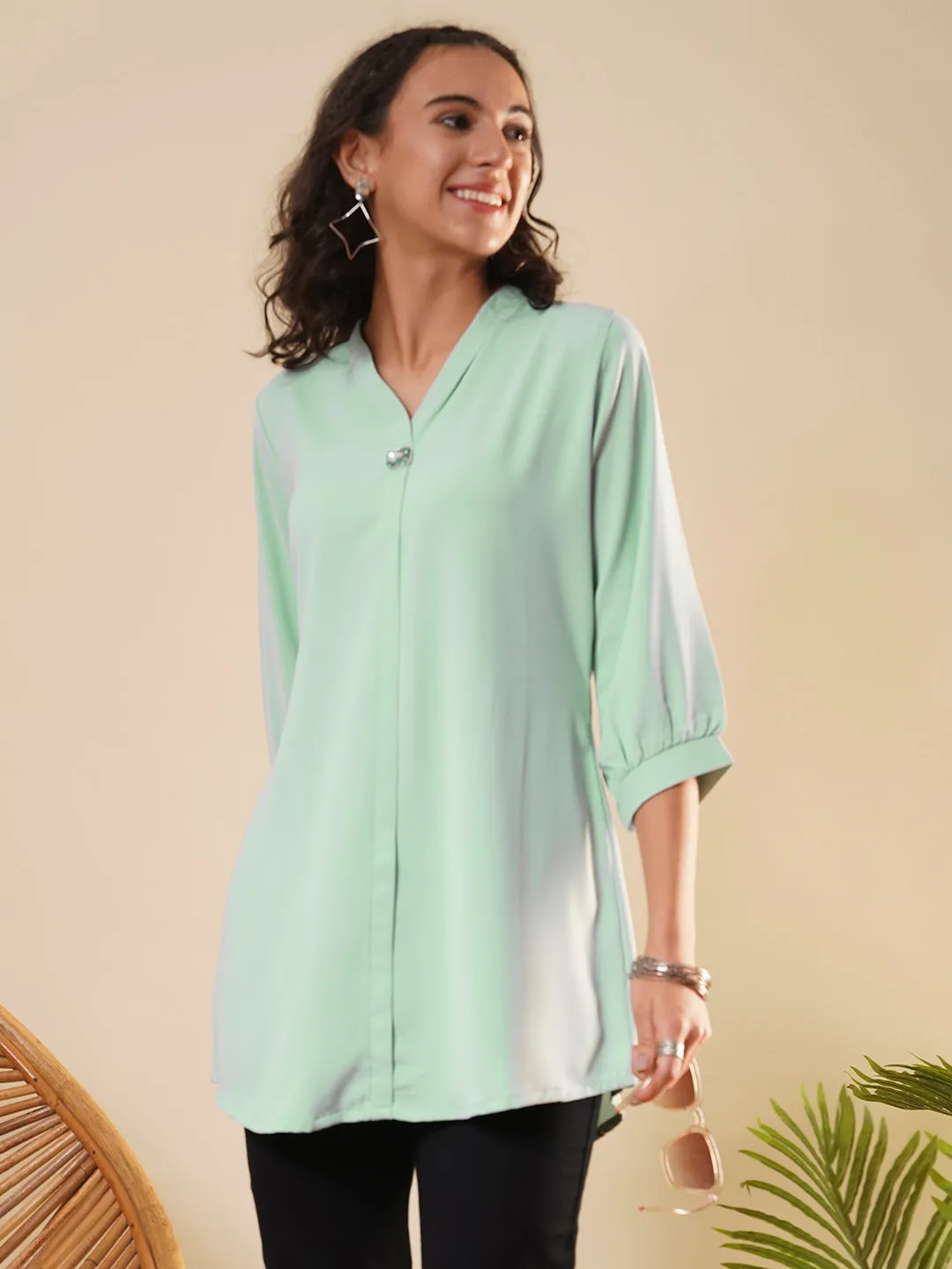 Exclusive V Neckline Rayon Solid Sea Green  Straight Tunic For Women ZOLA