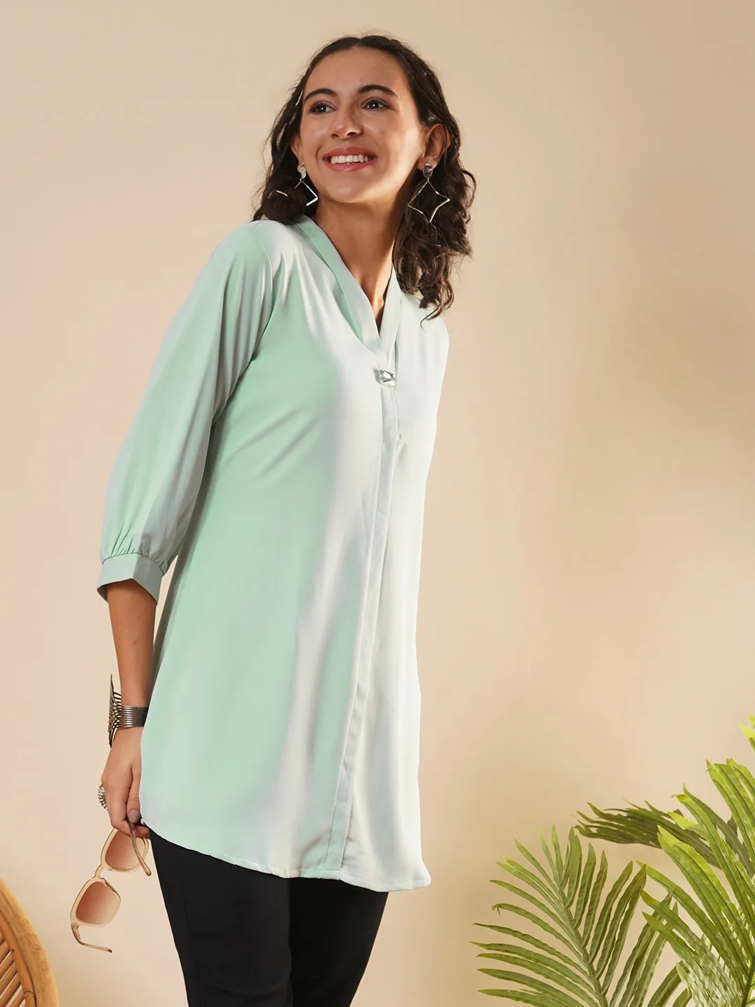 Exclusive V Neckline Rayon Solid Sea Green  Straight Tunic For Women ZOLA