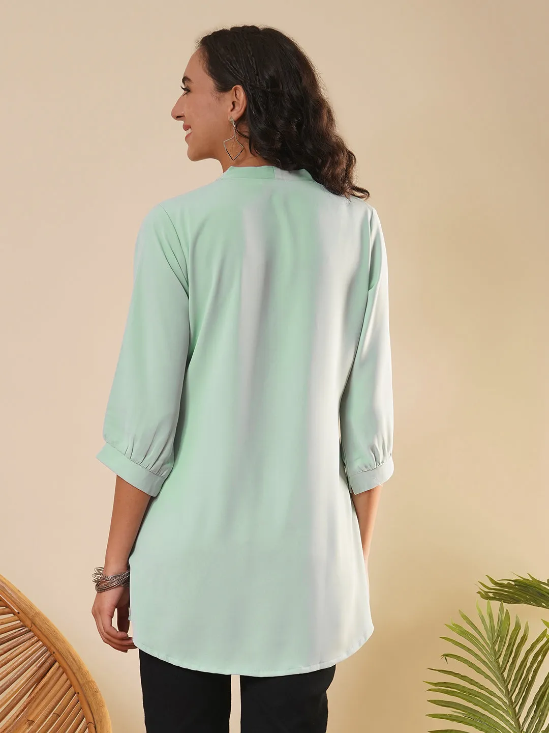 Exclusive V Neckline Rayon Solid Sea Green  Straight Tunic For Women ZOLA