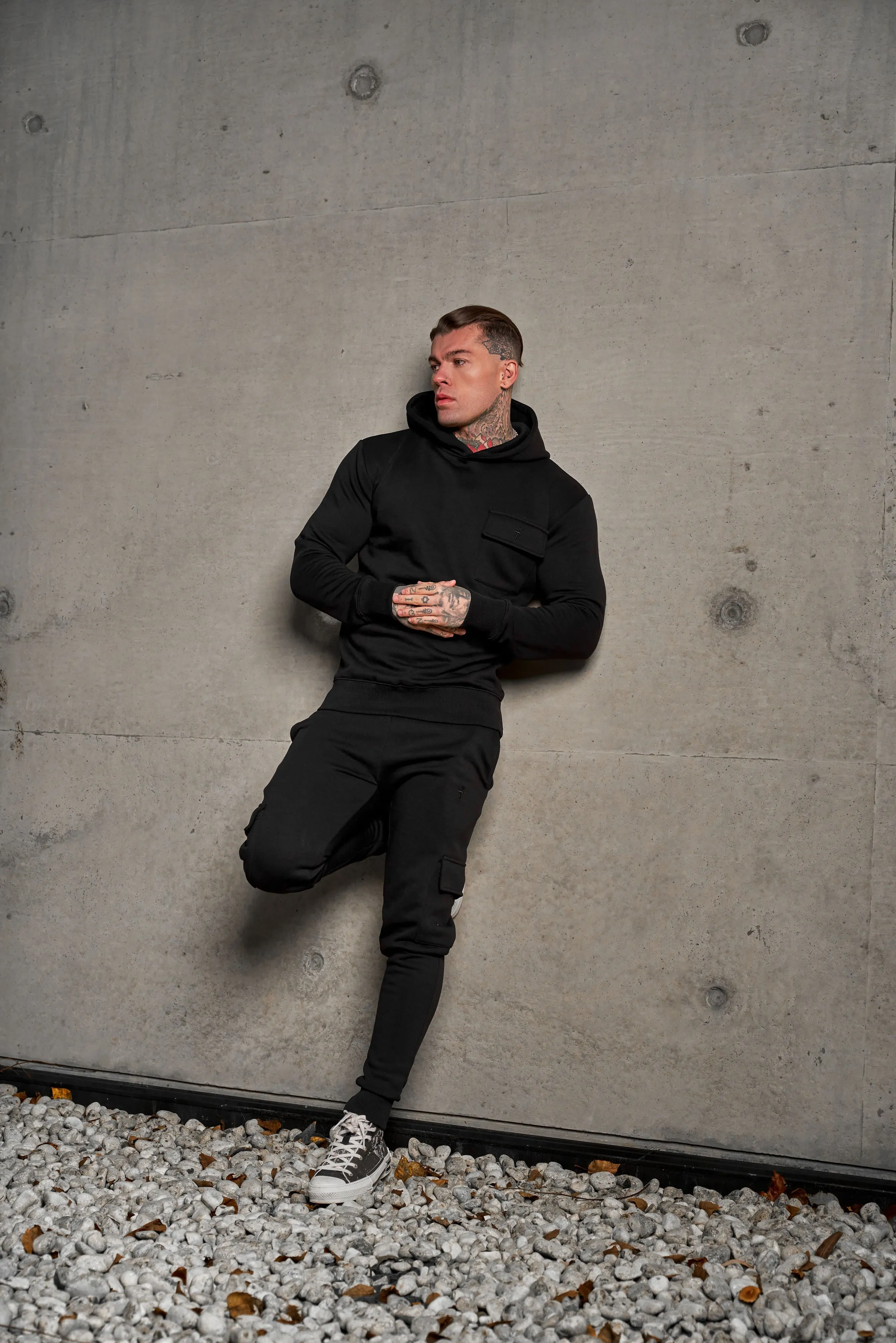 Father Sons Black Cargo Tracksuit Bottoms With Pockets, Cuffed Hem and FS Embroidery - FSH934