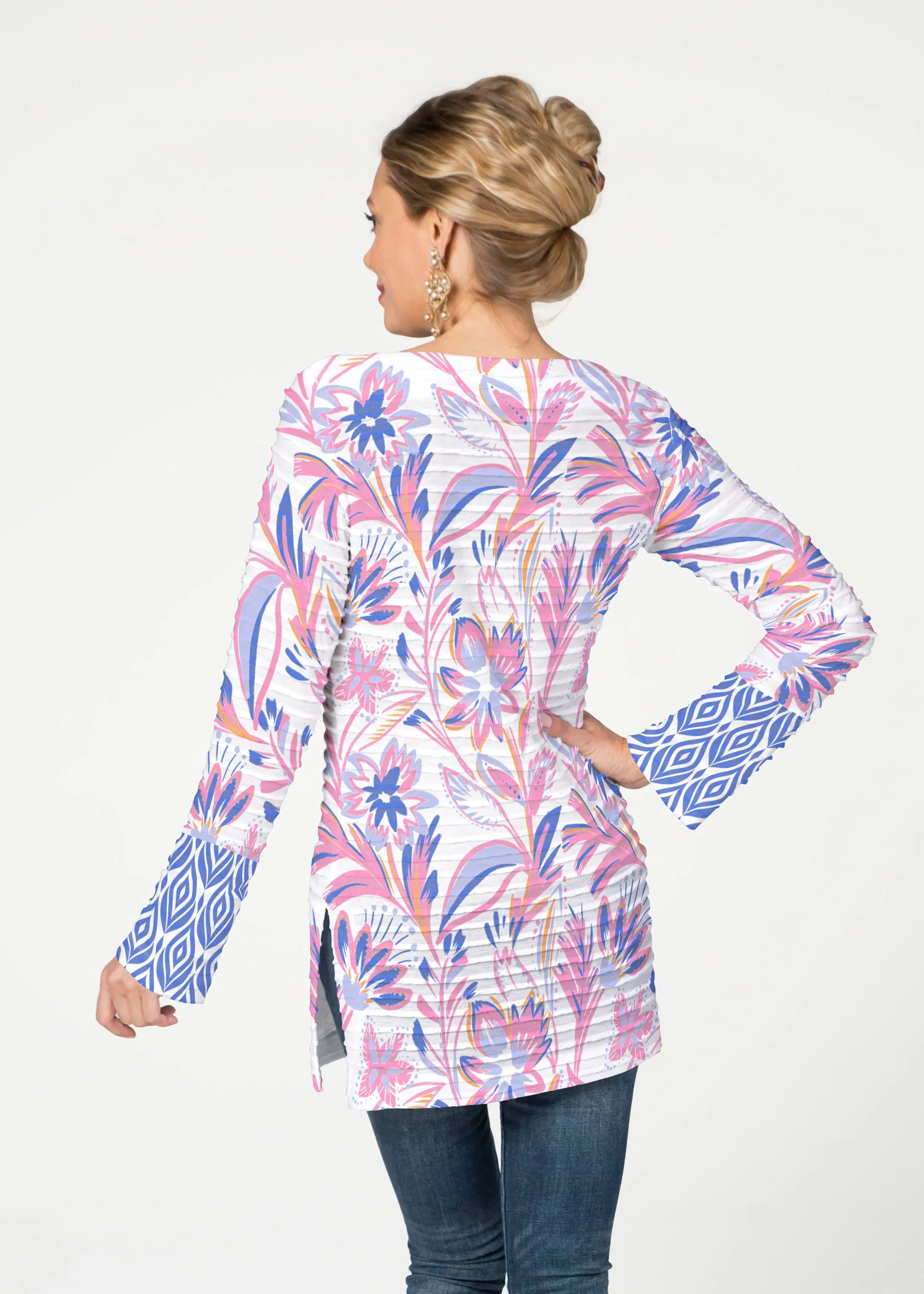 Floral Buds Pink (8032) ~ Banded Boatneck Tunic