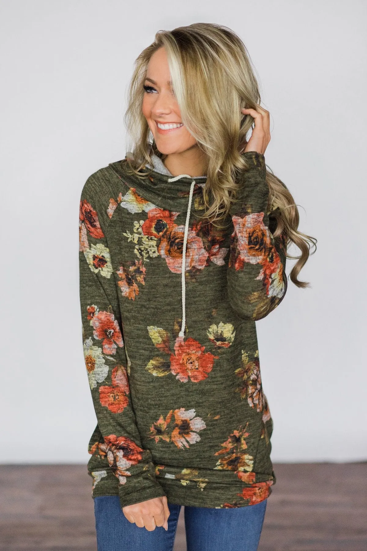 Floral Cowl Neck Tunic Top ~ Olive