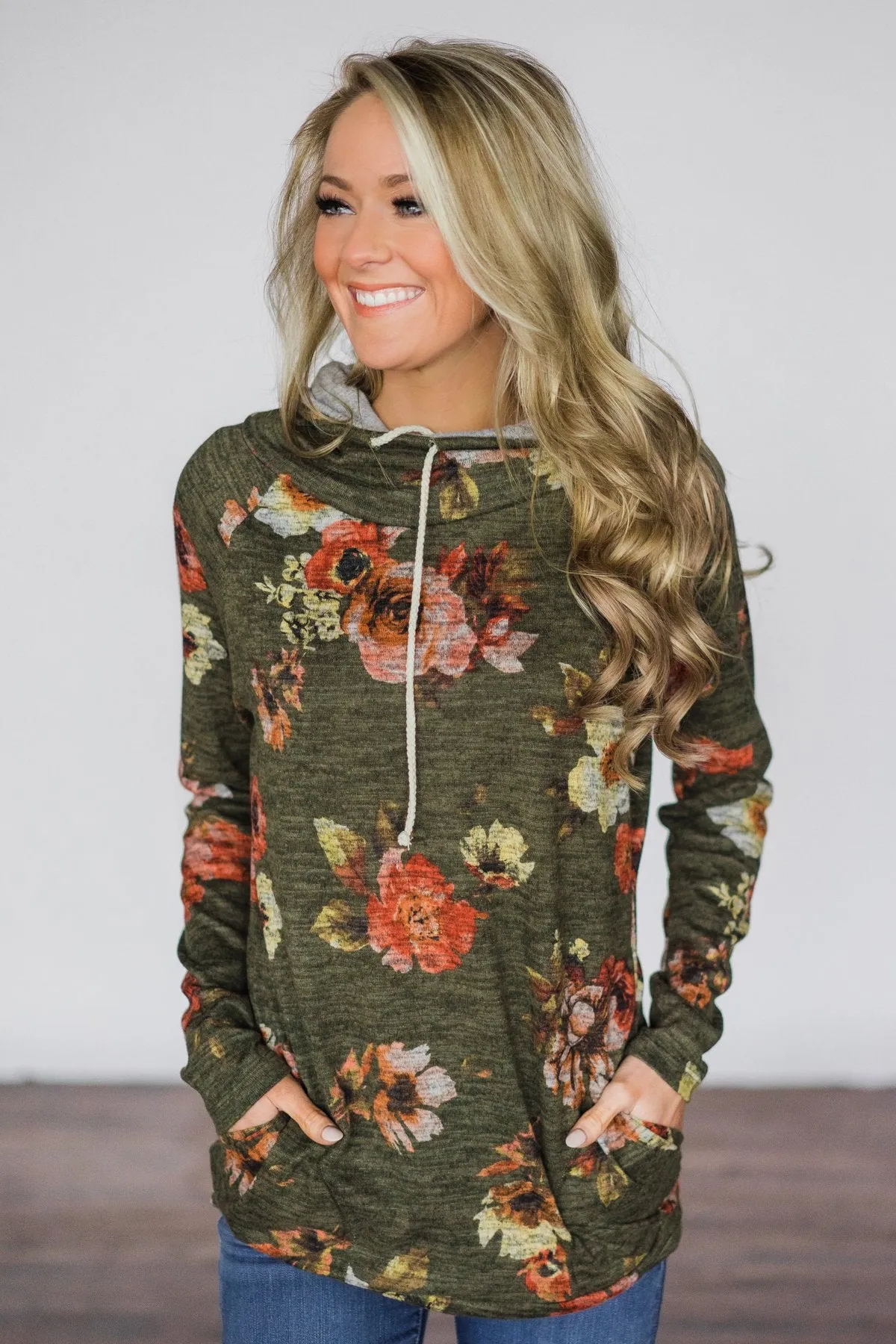 Floral Cowl Neck Tunic Top ~ Olive