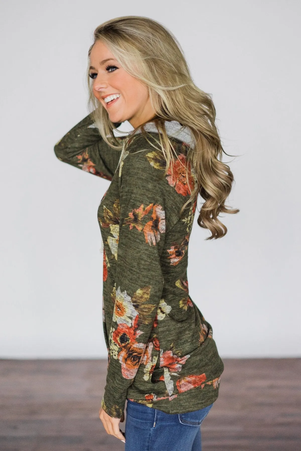 Floral Cowl Neck Tunic Top ~ Olive