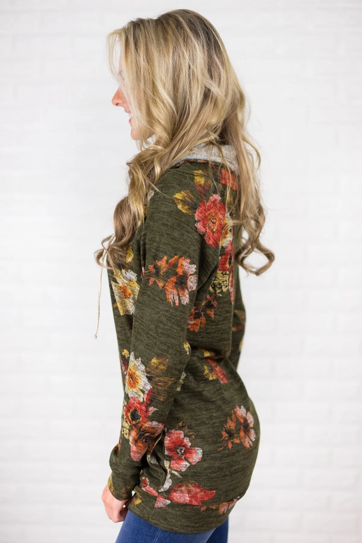 Floral Cowl Neck Tunic Top ~ Olive