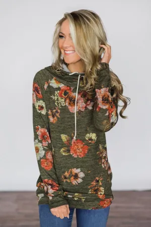 Floral Cowl Neck Tunic Top ~ Olive