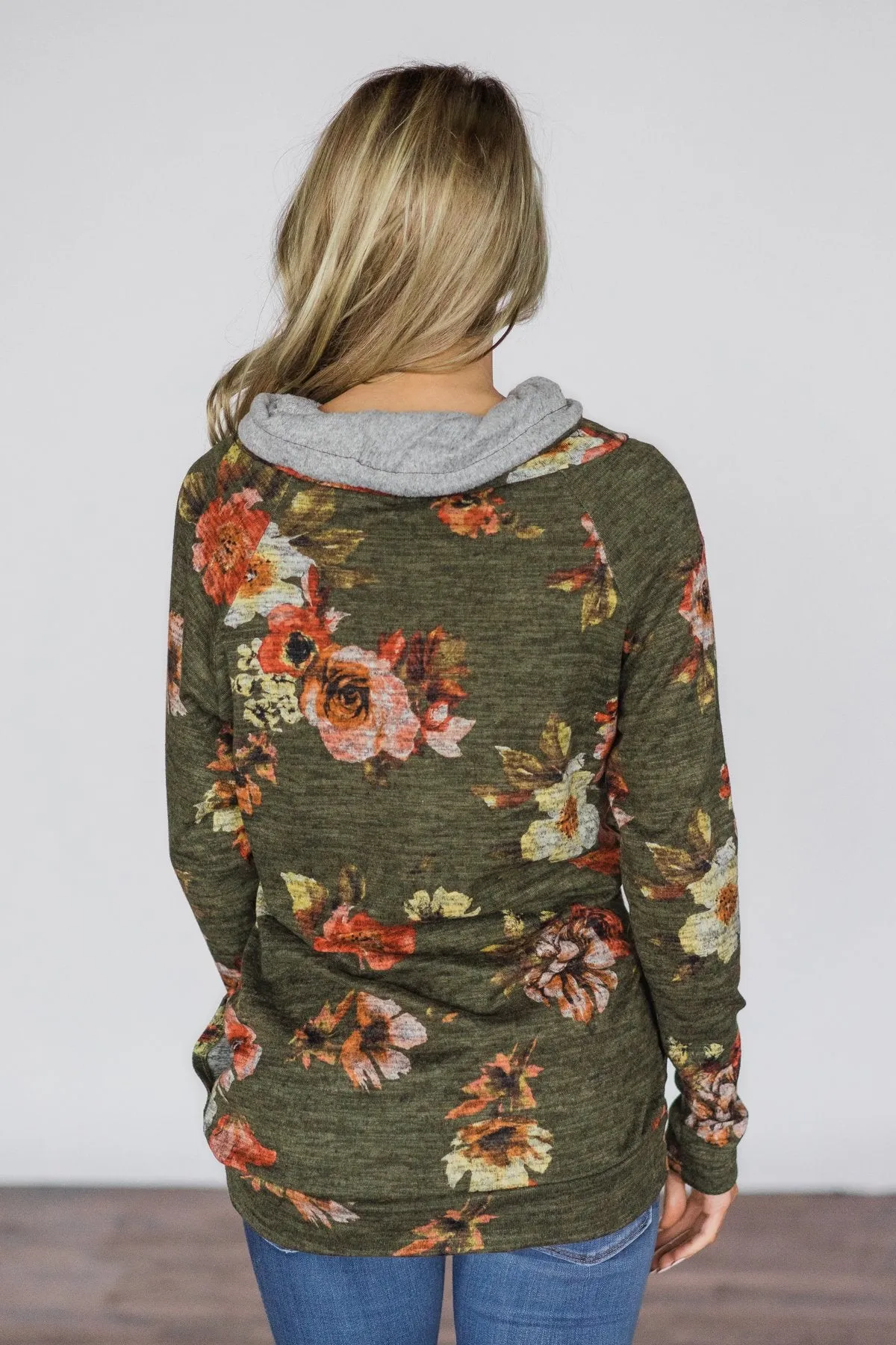 Floral Cowl Neck Tunic Top ~ Olive
