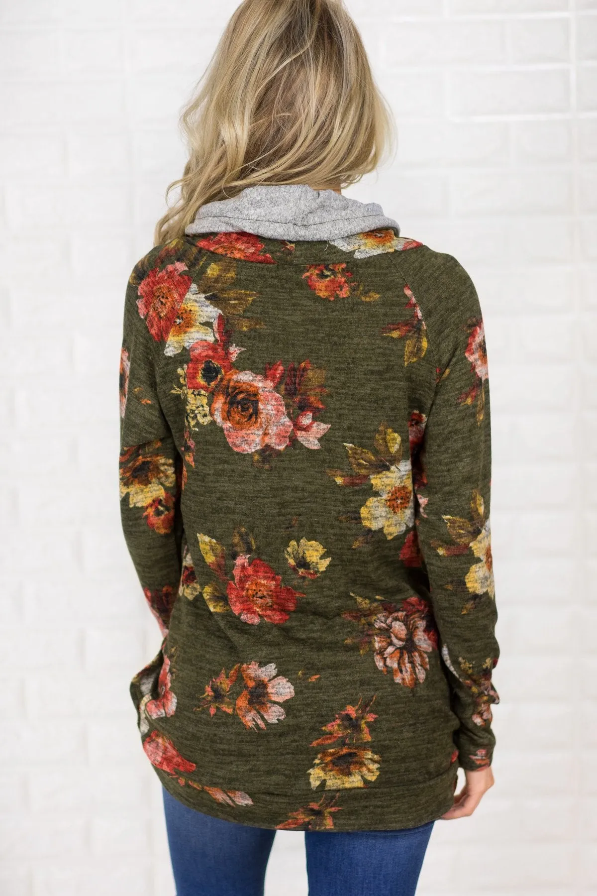 Floral Cowl Neck Tunic Top ~ Olive