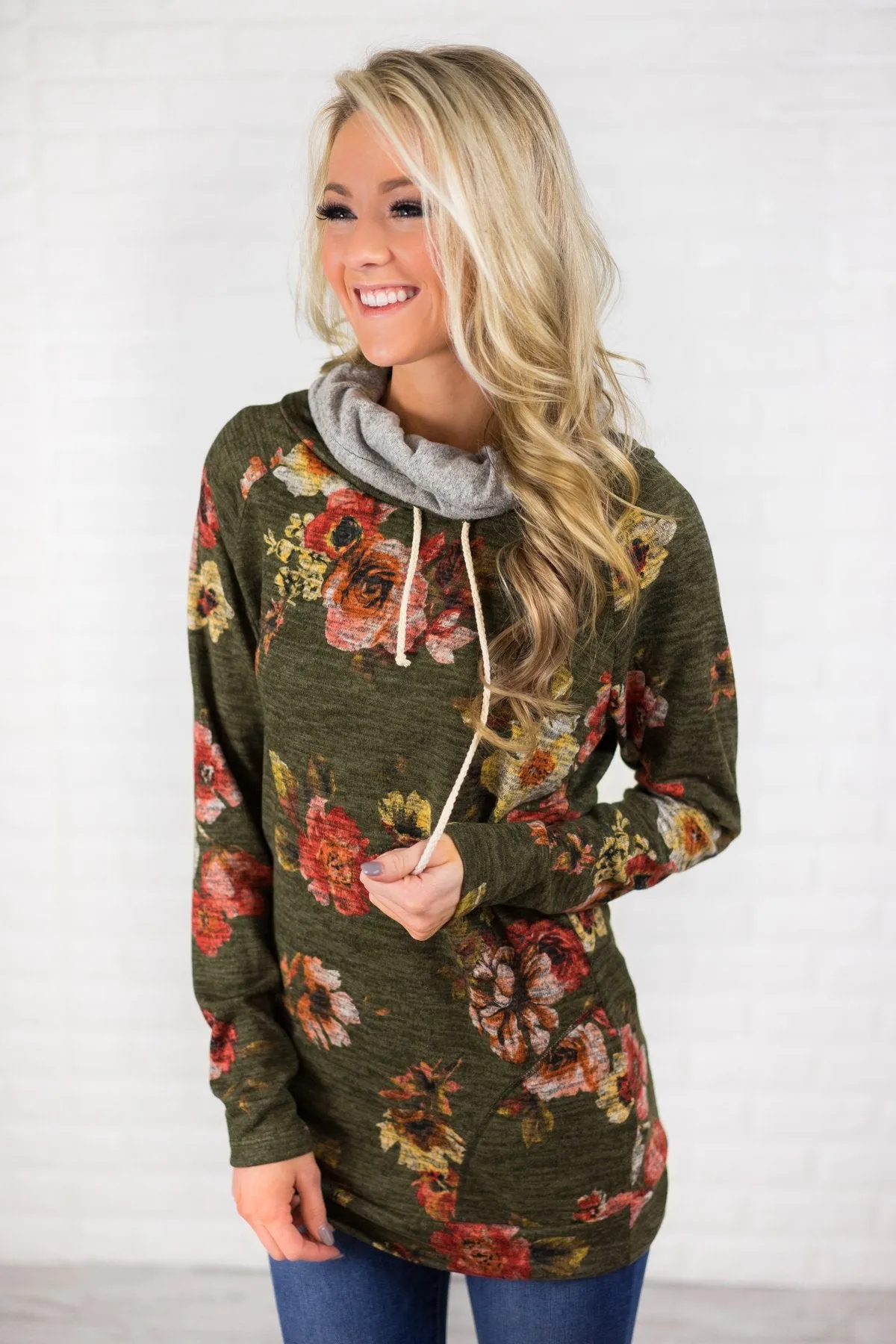 Floral Cowl Neck Tunic Top ~ Olive