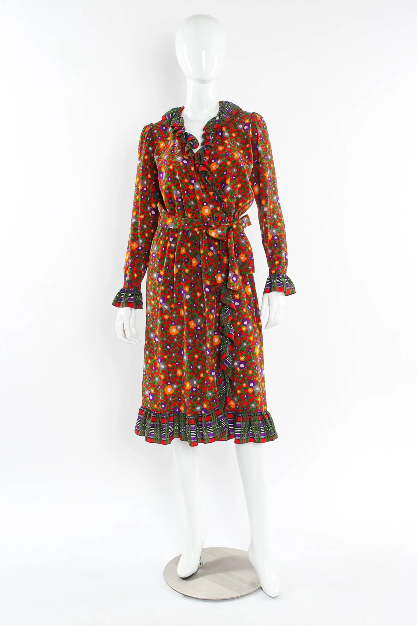 Floral Plaid Silk Wrap Dress