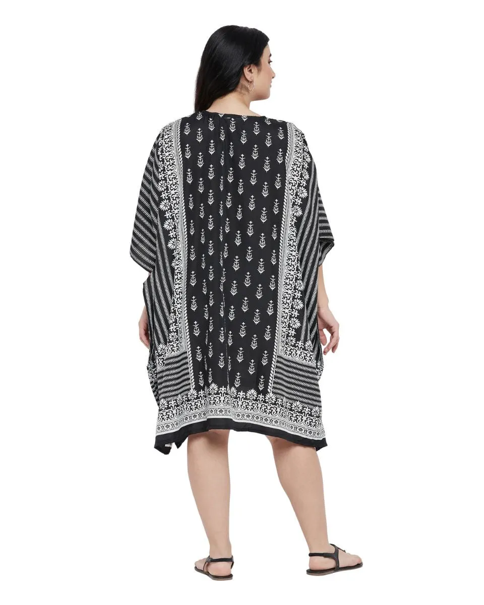 Floral Printed Black Polyester Tunic Plus Size Top For Women