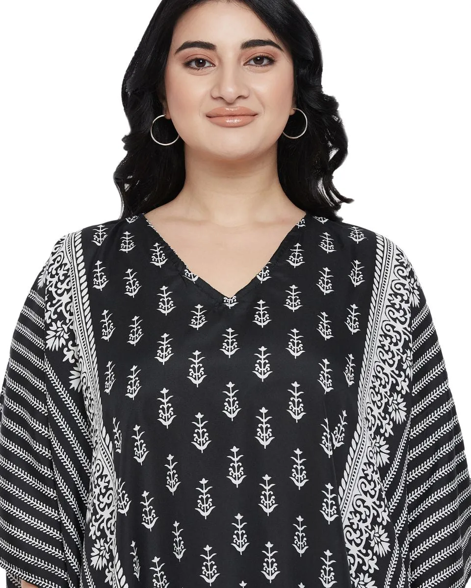 Floral Printed Black Polyester Tunic Plus Size Top For Women