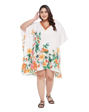 Floral Printed White Plus Size Polyester Tunic Top For Women