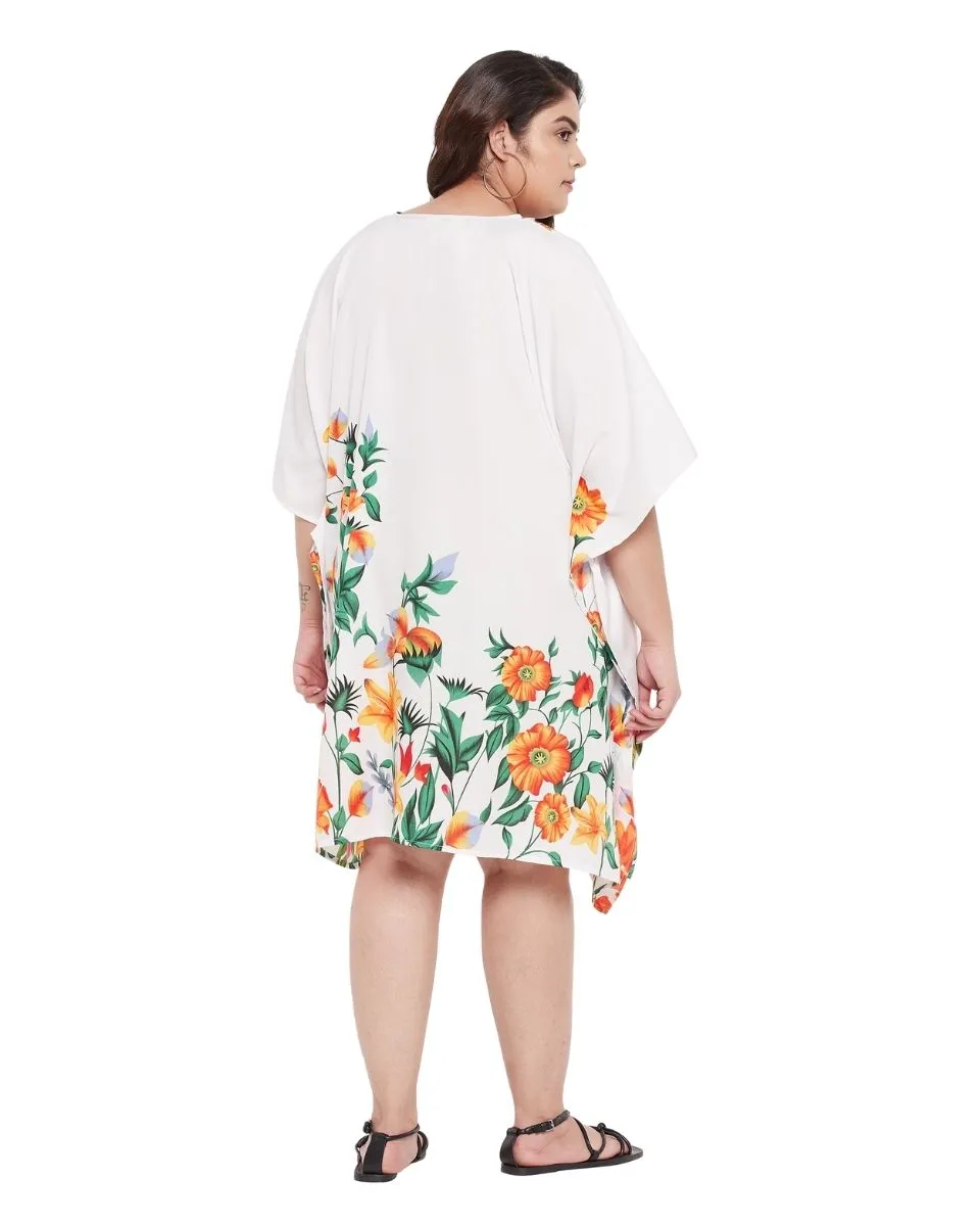 Floral Printed White Plus Size Polyester Tunic Top For Women