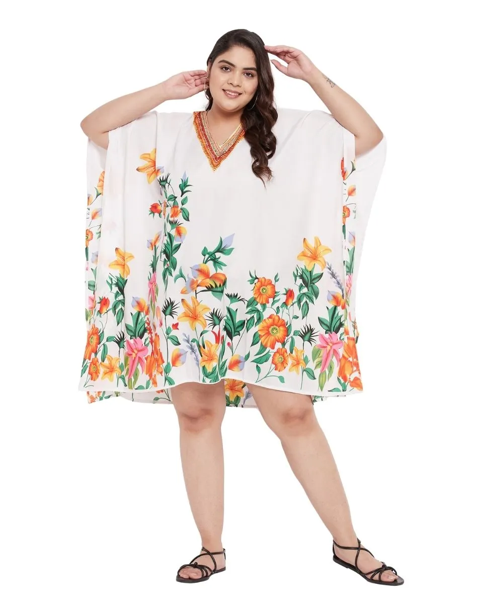 Floral Printed White Plus Size Polyester Tunic Top For Women