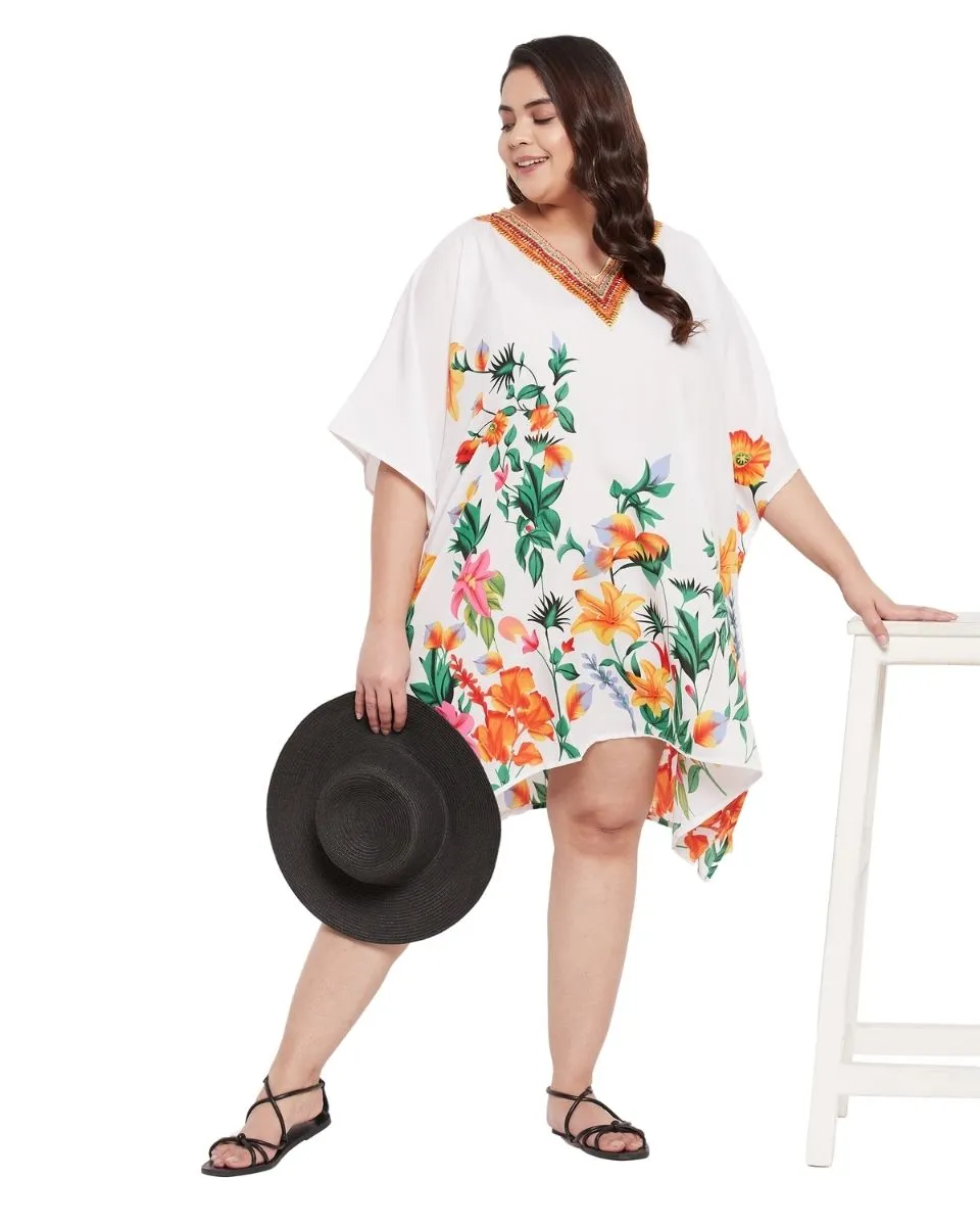 Floral Printed White Plus Size Polyester Tunic Top For Women