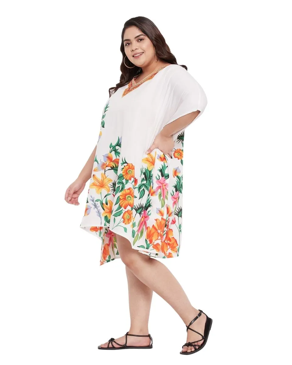 Floral Printed White Plus Size Polyester Tunic Top For Women