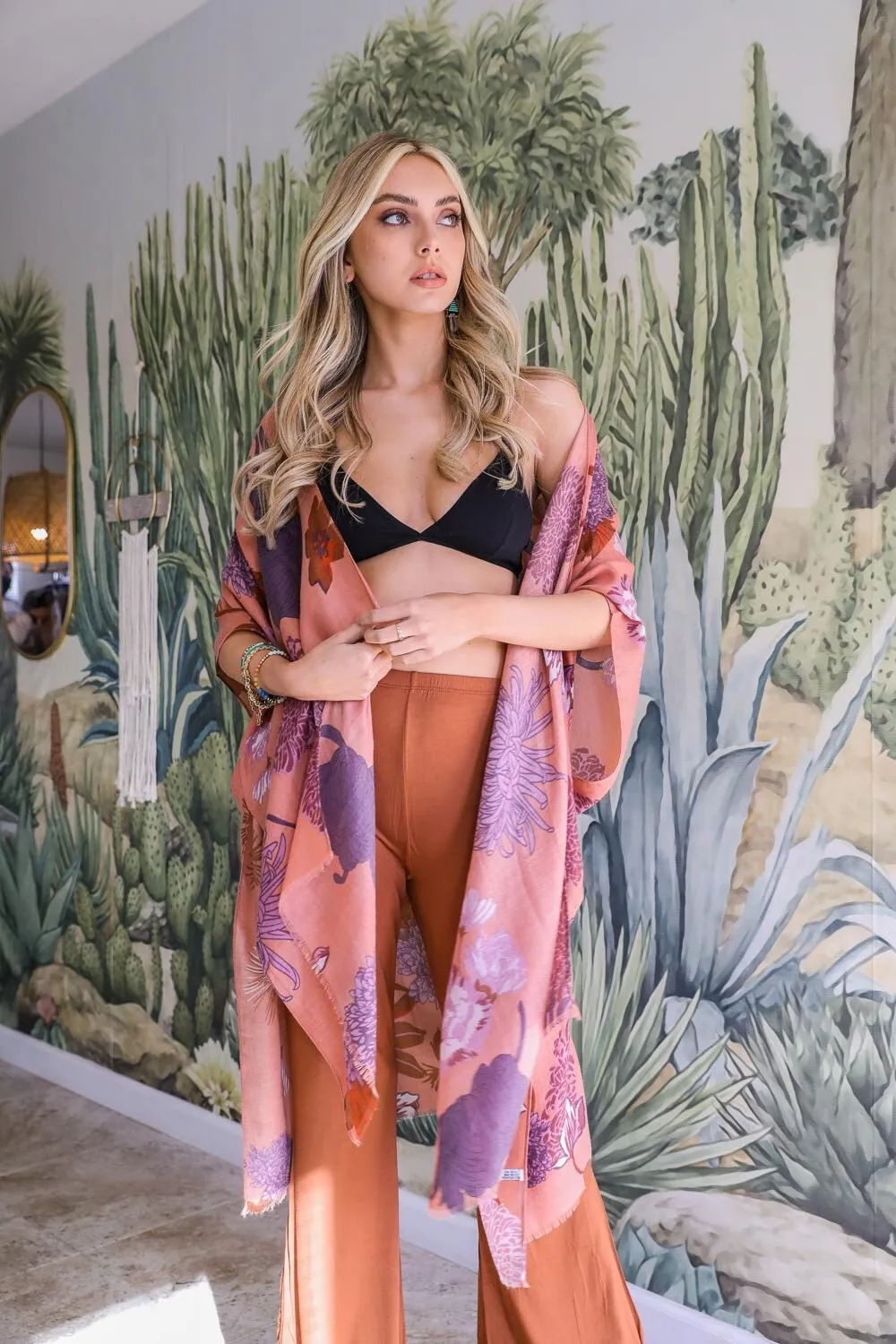 Flowy Spring Summer Kimono Duster with Floral Leaf Print