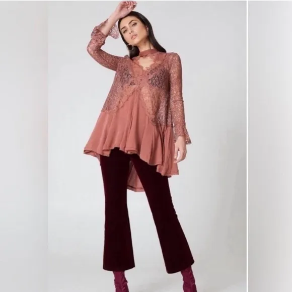 Free People Tell Tale Cutout Lace Tunic Dress NEW in Rosey Coral W1196 Sz XS