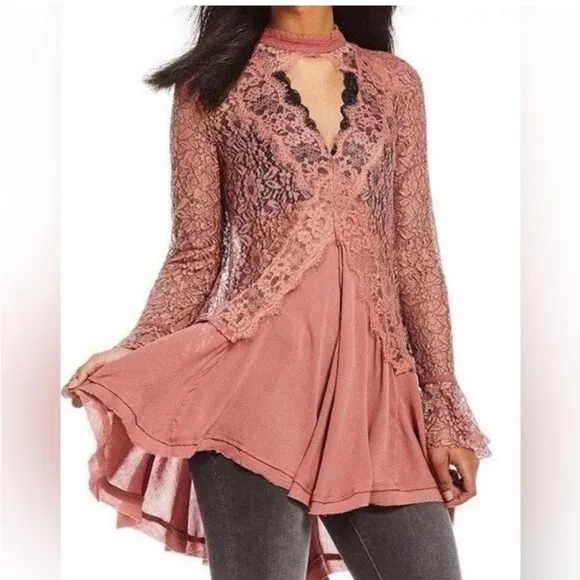 Free People Tell Tale Cutout Lace Tunic Dress NEW in Rosey Coral W1196 Sz XS