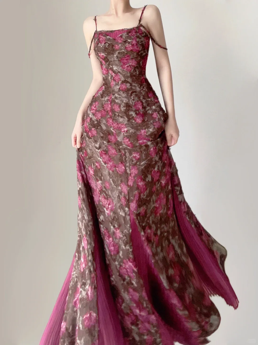 Fuchsia Spaghetti Straps Mermaid Floral Long Party Dress Pretty Summer Dress, DP5381